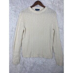 Karen Scott Cable Knit Crew Neck Long Sleeve Ivory Sweater Size L  100% Cotton